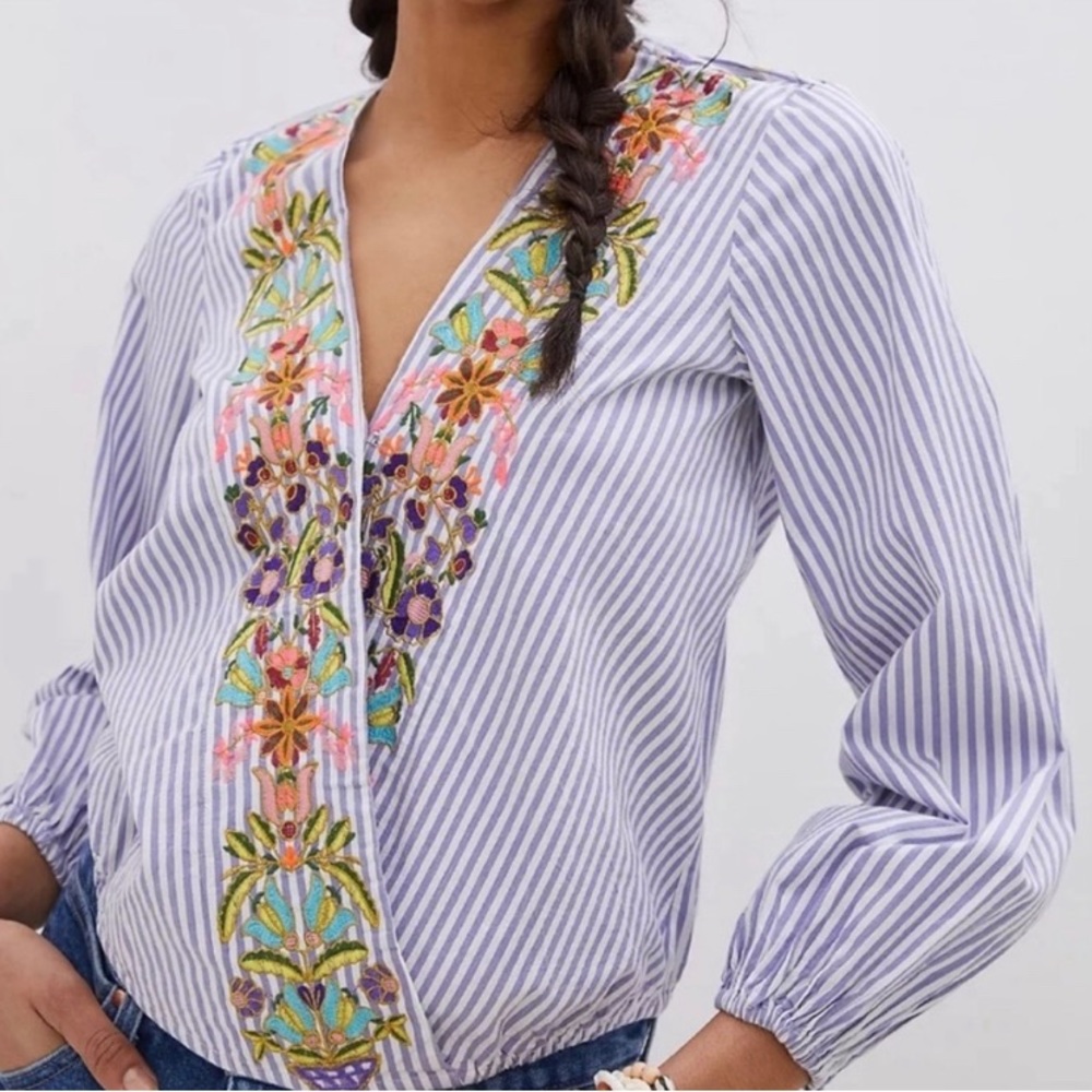 Anthropologie Purple and White Striped Floral Blouse